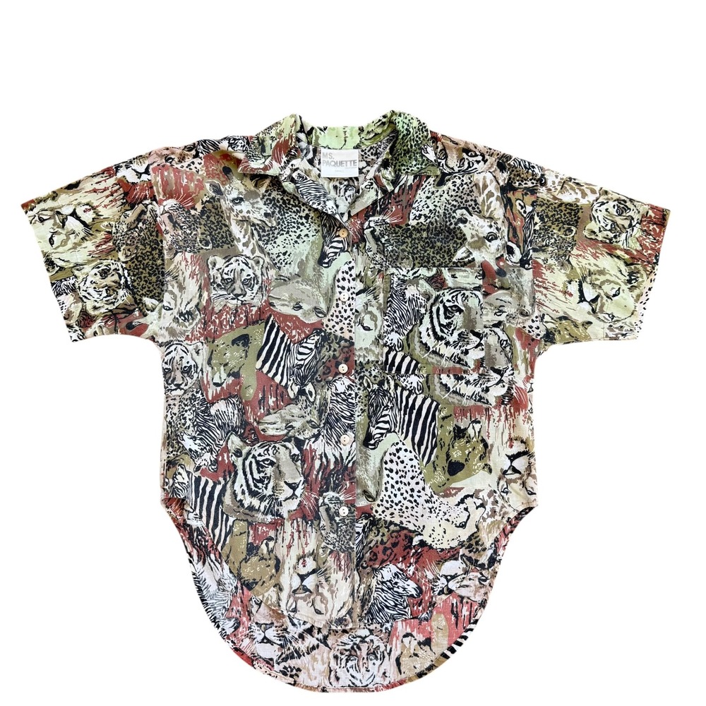 Ms Paquette Vintage Safari Animal Print Cotton Button‎ Down Shirt Small USA Made